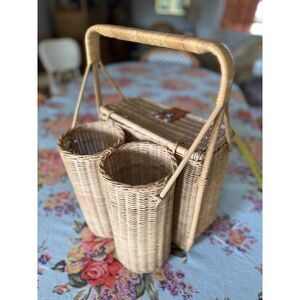 Vtg Picnic Basket Hong Kong Wicker Rattan 2 Bottles Cheese Holder Leather Close
